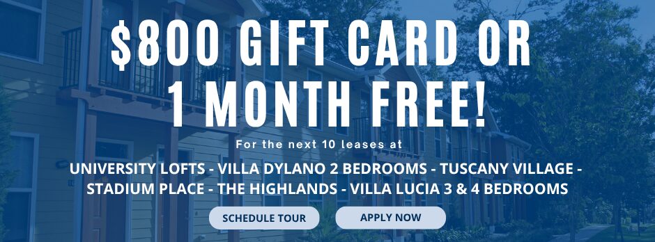 $800 Gift Card or 1 Month Free – Fall 2026 leasing special at Villa Dylano